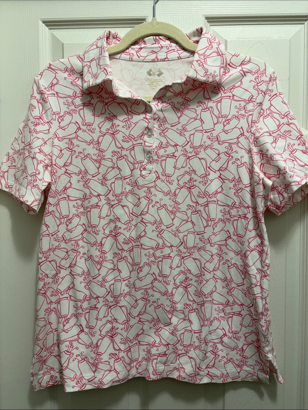 Tg White Golf Polo with Pink Sketch Print
